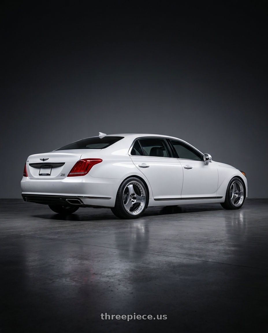 2018 genesis g90 ultimate with Advan Racing ONI2 PROGRESSIVE 5x114.3 20x9.5 +37 MACHINING & DIAMOND CUT wheels rear three quarter view square tires
