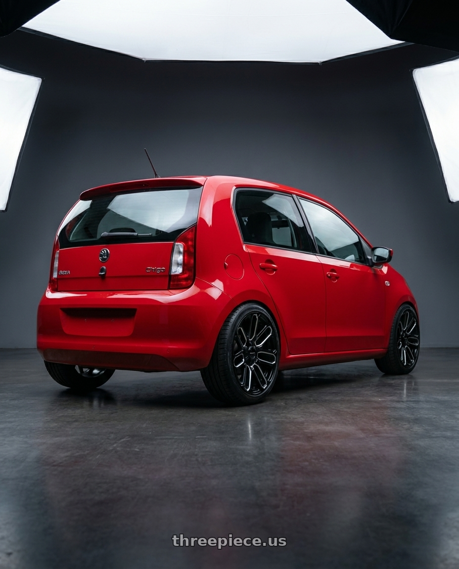 2015 skoda citigo with MASSIV OFF-ROAD OR5 6X135/6X139.7 17x9 +0 BLACK AND MILLED wheels rear three quarter view slight stretch tires