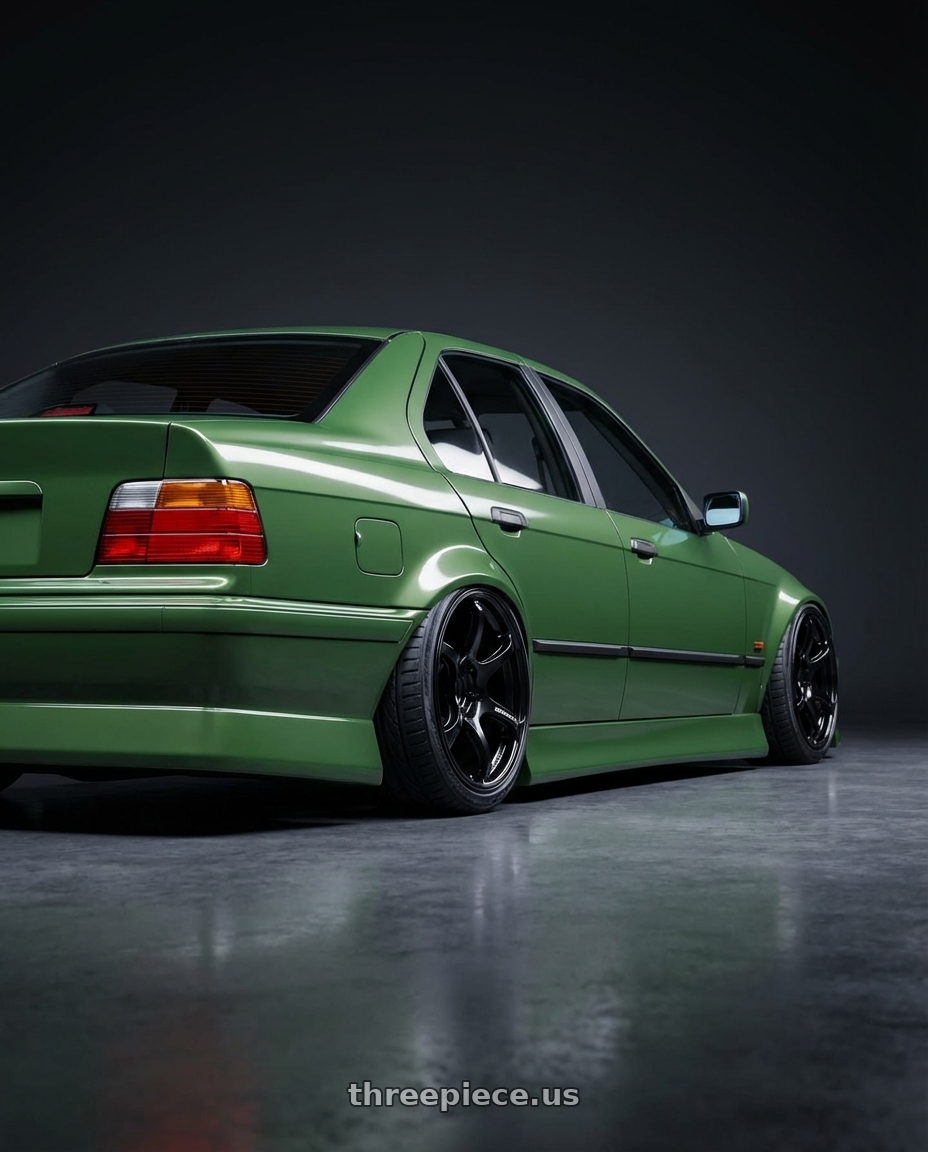 1998 Green bmw e36 325 wide body with Advan RGIII 4x100 17x7.0+42 Gloss Black wheels rear three quarter view slight stretch tires