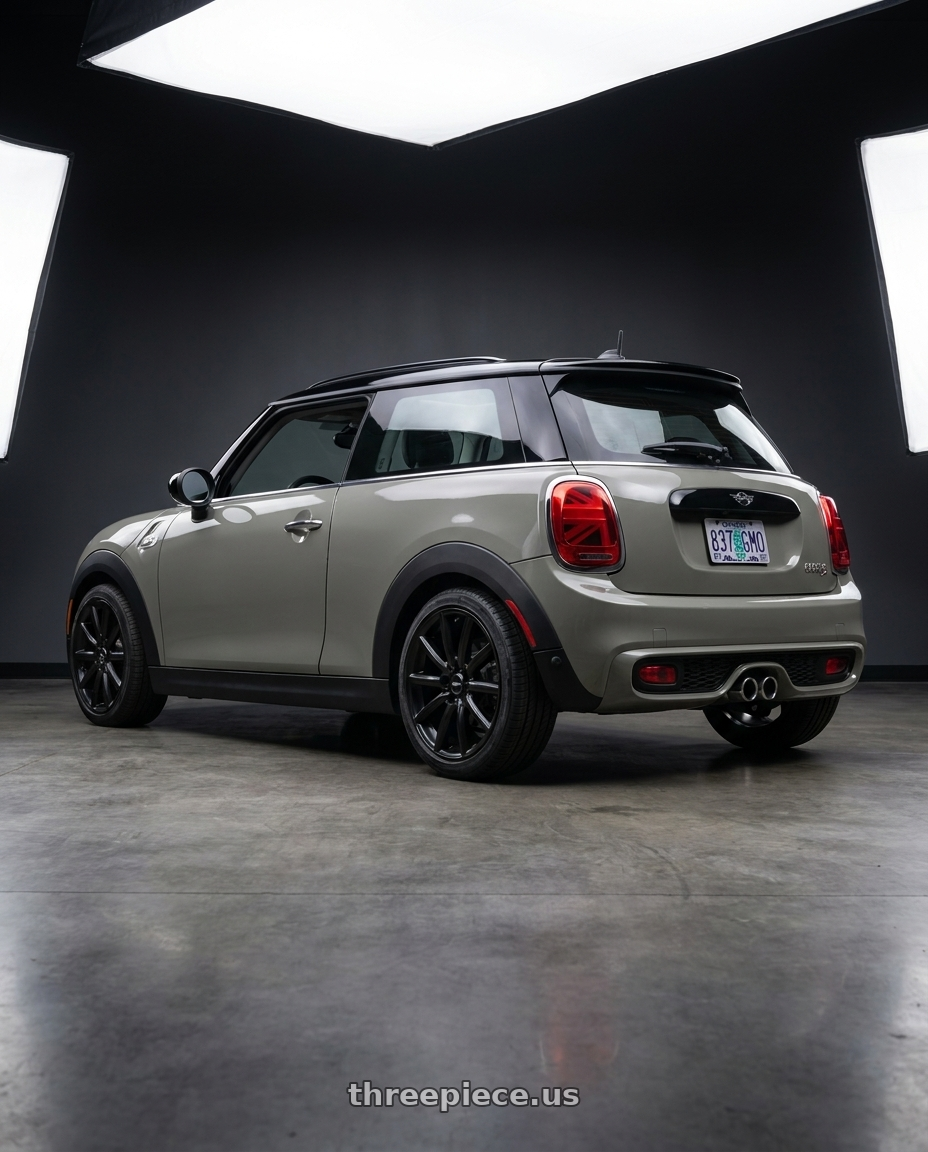 2019 mini cooper S with Enkei TS9 5x112 17x8+45 Black wheels rear three quarter view square tires