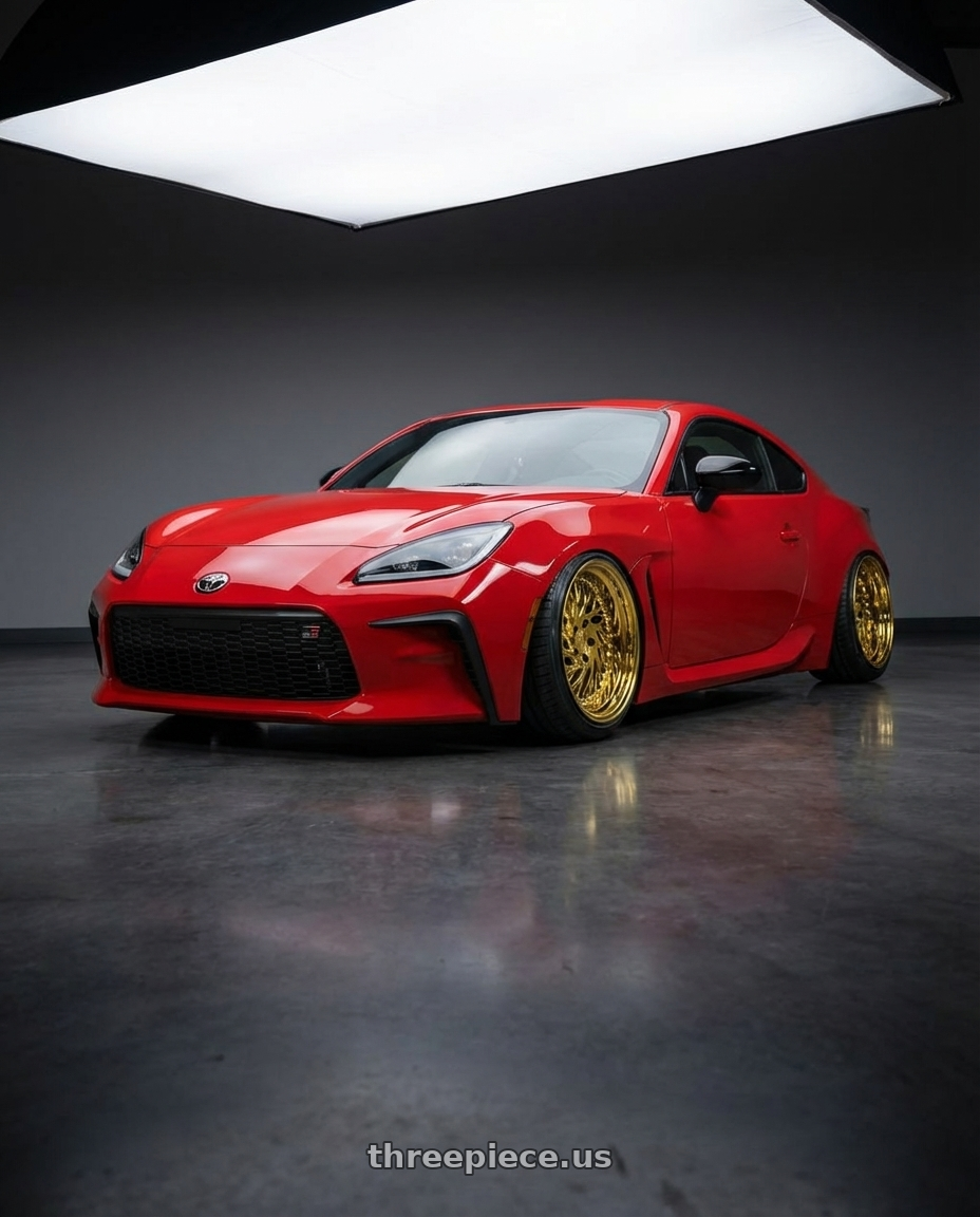 2024 Toyota GR86 with Aodhan DS03 5x114.3 18x9.5 +30 Gold Vacuum w/ Chrome Rivets wheels front three quarter view stanced stance