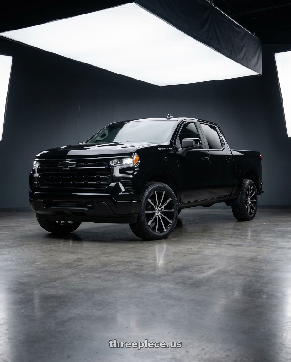2025 Chevy Silverado LT with Azara AZA-521 blank 5x/6x 28x9.5 +15 Gloss Black & Machined wheels