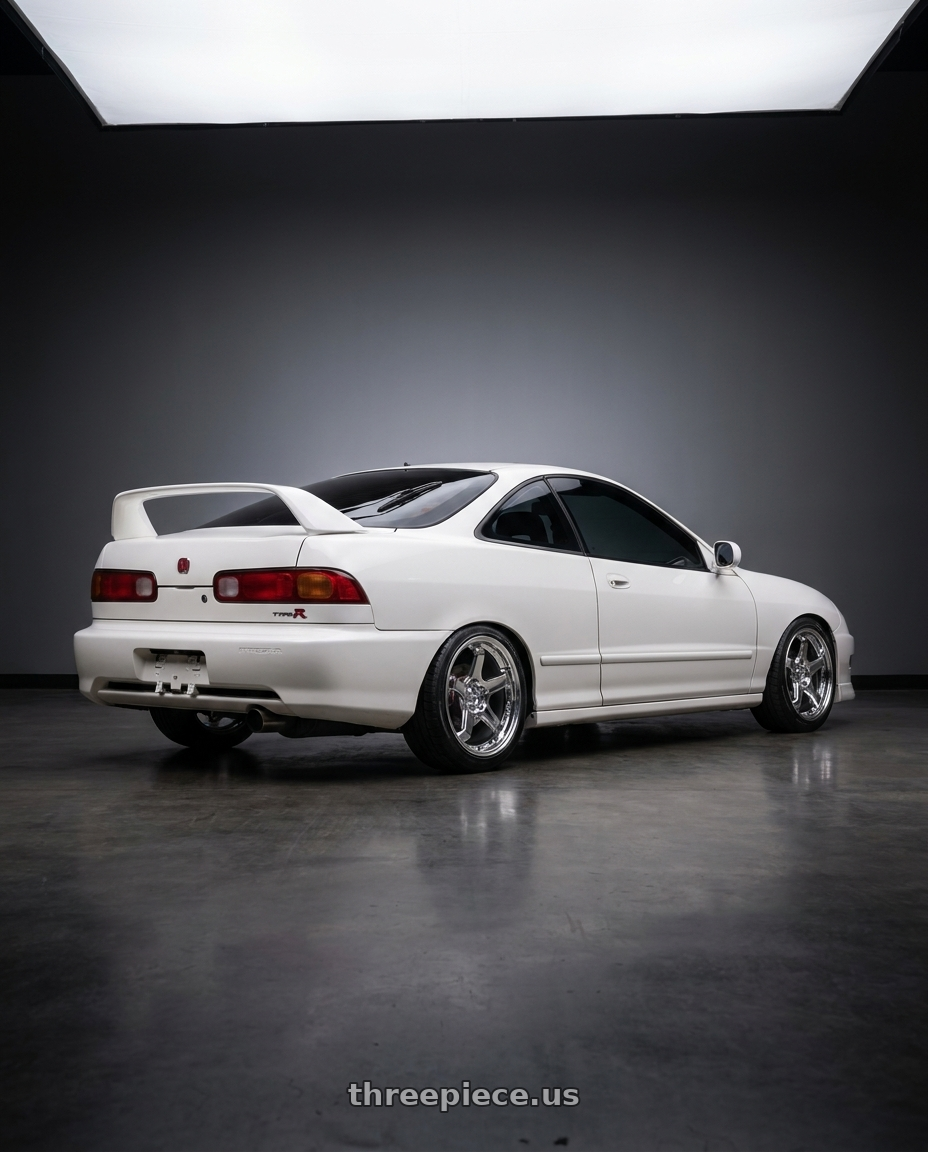 2001 Acura Intergra with KATANA RACING HR05 5x114.3 18x9.5 +22 Chrome wheels rear three quarter view slight stretch tires