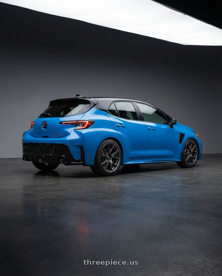 2024 Toyota GR Corolla with Konig Ampliform 5x114.3 18x8.5+35 Dark Metallic Graphite wheels rear three quarter view square tires