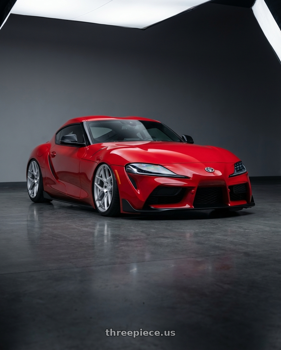 2023 Toyota GR Supra with Aodhan AFF2 5x112 19x9.5+35 Gloss Silver Machined Face wheels front three quarter view stanced stance