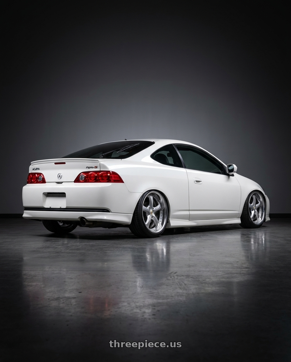 2004 Acura RSX Type S with Work Wheels VS-KF 5x114.3 18x8.5+35 Light Grey Silver L Disk FULL REVERSE wheels rear three quarter view slight stretch tires