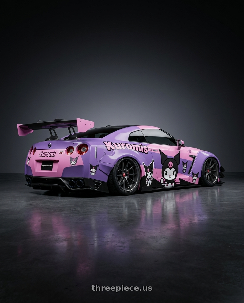 2025 NISSAN GT-R R35(MymodelCollect-LB GTR R35模型車) with Avant Garde Wheels F07R BLANK 19x8.5 +BLANK Dark Graphite Metallic wheels rear three quarter view slight stretch tires