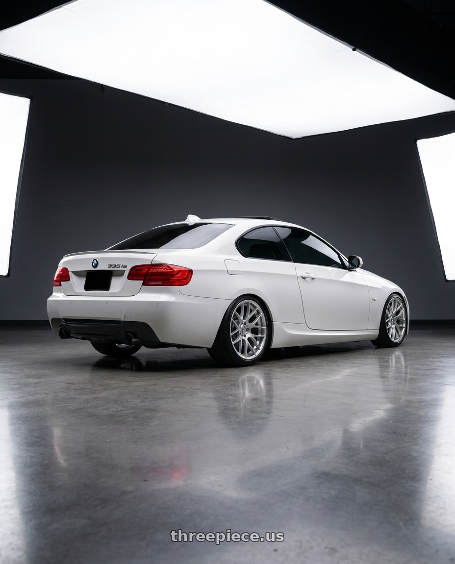 2013 bmw 335is with Avant Garde Wheels M359 5X120 18x9.5 +33 Hyper Silver wheels rear three quarter view slight stretch tires