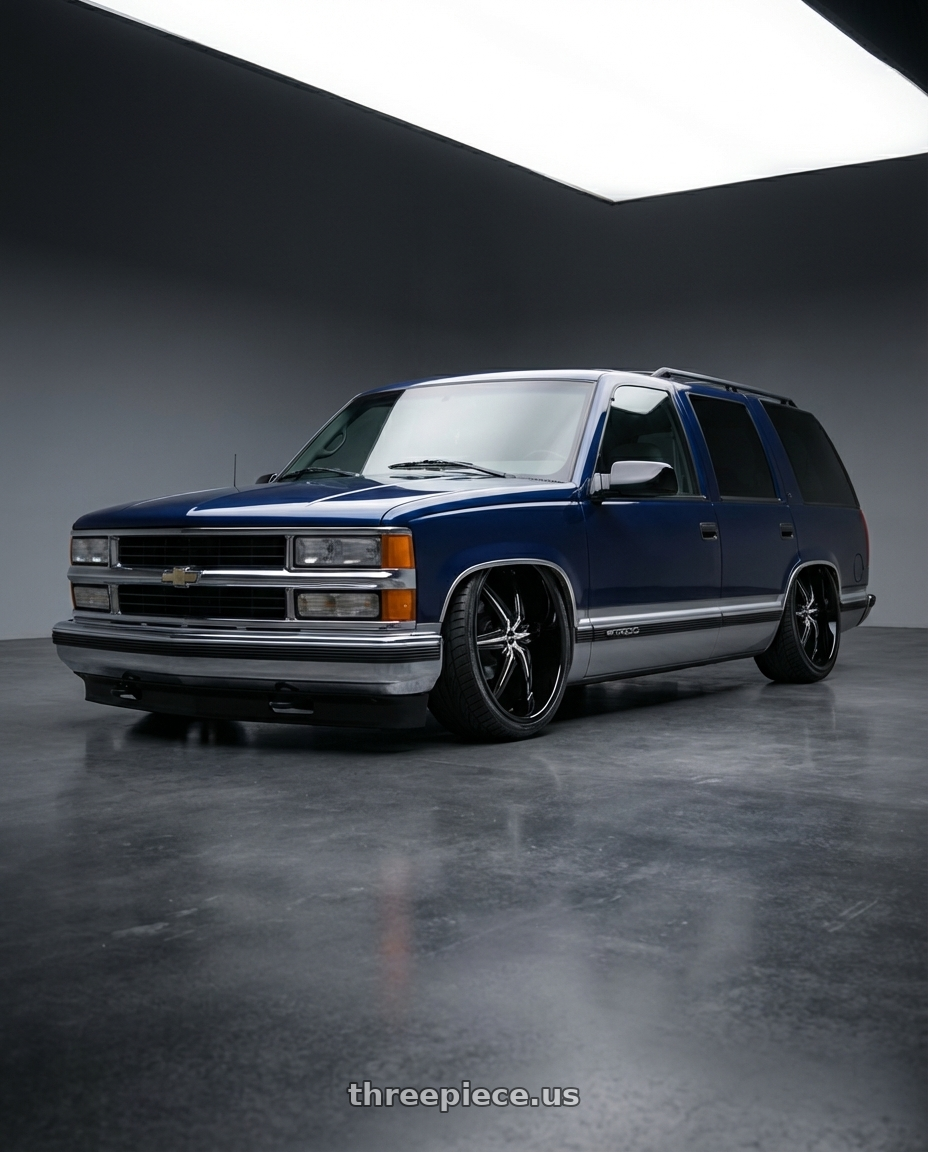 1999 Chevrolet Tahoe with Helo HE866 5X114.3/5X120.65 26X9.5 +10 GLOSS BLACK WITH REMOVABLE CHROME ACCENTS wheels