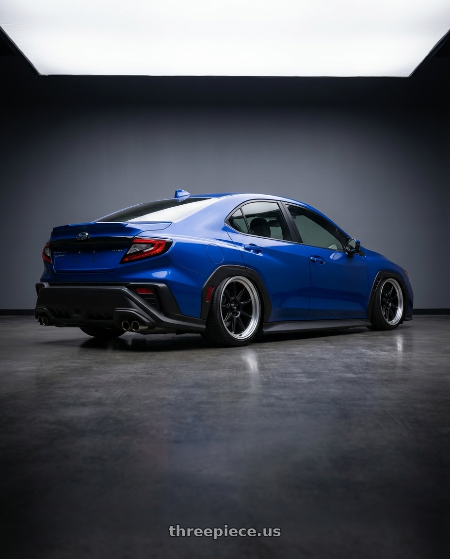 2024 Subaru WRX with Konig Countergram 5x114.3 19x9.5+35 Matte Black / Matte Machined Lip wheels rear three quarter view slight stretch tires