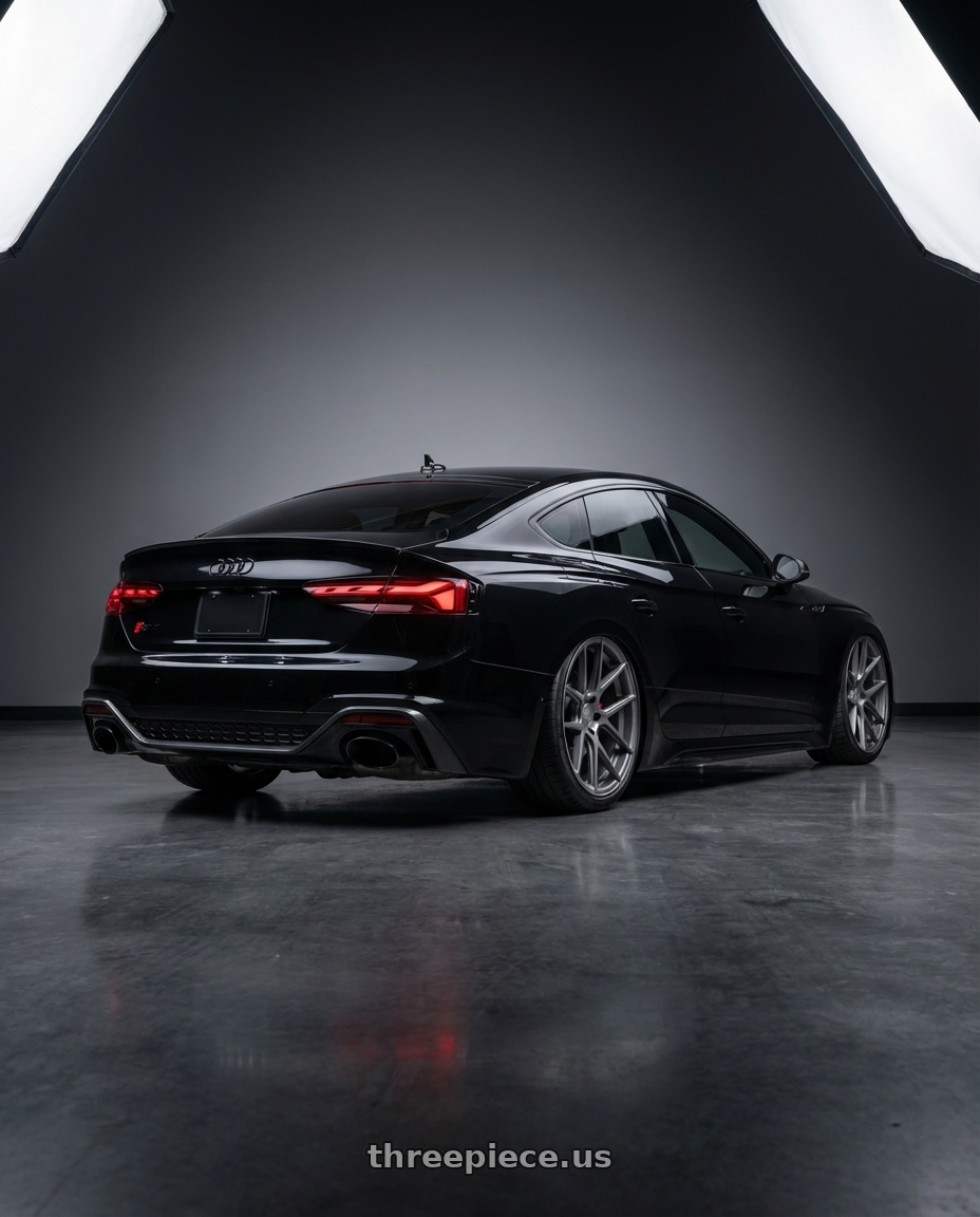 2022 Audi RS5 with Avant Garde Wheels M510 5X112 20x10 +25 Dolphin Grey wheels rear three quarter view slight stretch tires