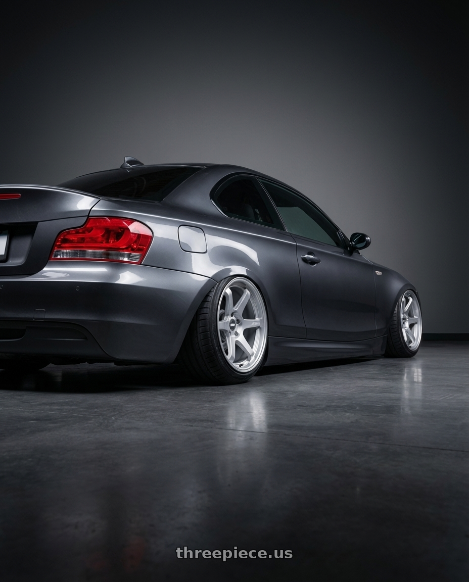 2012 BMW 1 Series E82 with ESR Wheels APEX SERIES AP6 5x120 19x8.5 +30 Hyper Silver wheels rear three quarter view slight stretch tires