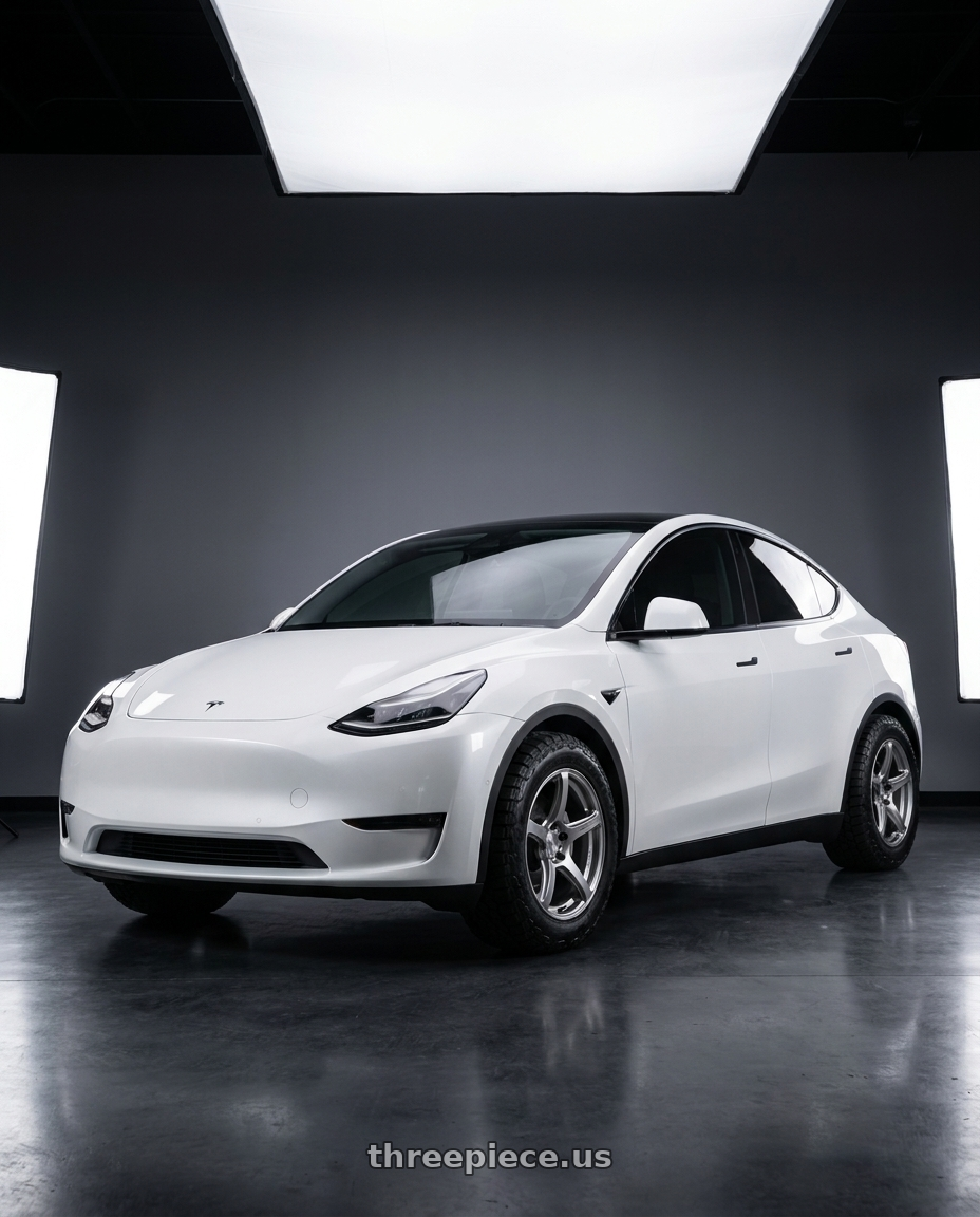 2021 Tesla model y with Work Emotion T5r 5x114.3 19x8.5 +45 Glow Silver wheels