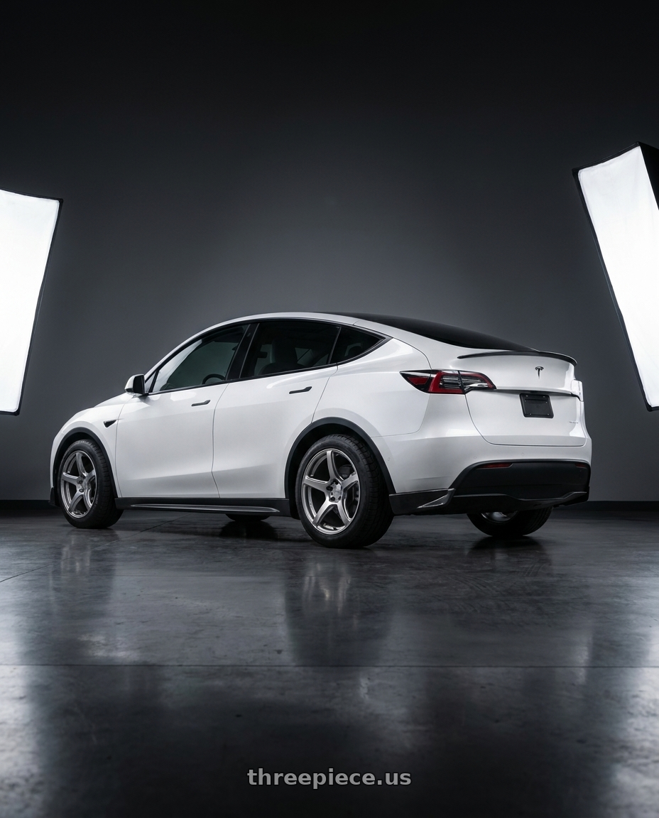 2021 Tesla model y with Work Emotion T5r 5x114.3 19x8.5 +45 Glow Silver wheels rear three quarter view meaty tires