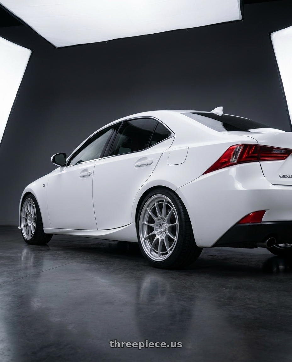 2016 lexus is 200t base with Enkei NT03+M 5x114.3 18x9.5+40 Silver wheels rear three quarter view square tires