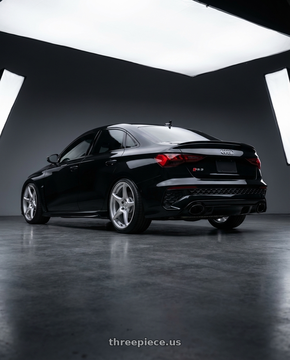 2022 Audi RS3 8Y with Kansei K11S Tandem 5X112 19x9.5 22 Hyper Silver wheels rear three quarter view square tires