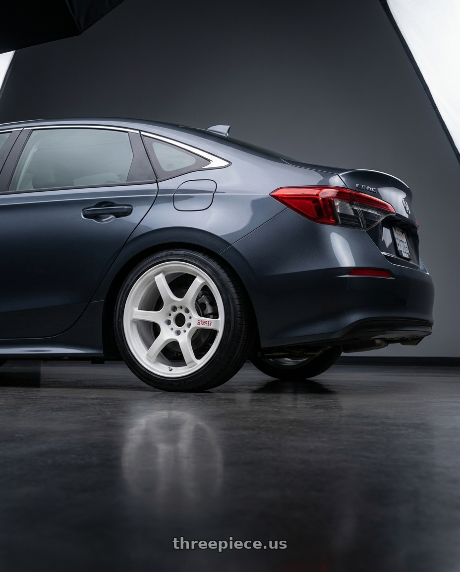 2026 Honda Civic with Gram Lights 57DR 5x114.3 18x9.5 +38 CERAMIC PEARL wheels rear three quarter view square tires
