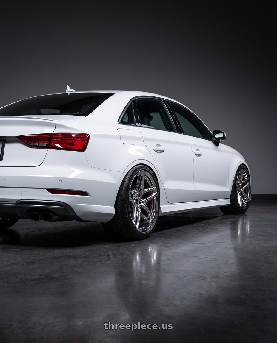 2018 AUDI S3 with Heritage Wheel EBISU MonoC 5x112 18x8.5+35 Chrome wheels rear three quarter view meaty tires