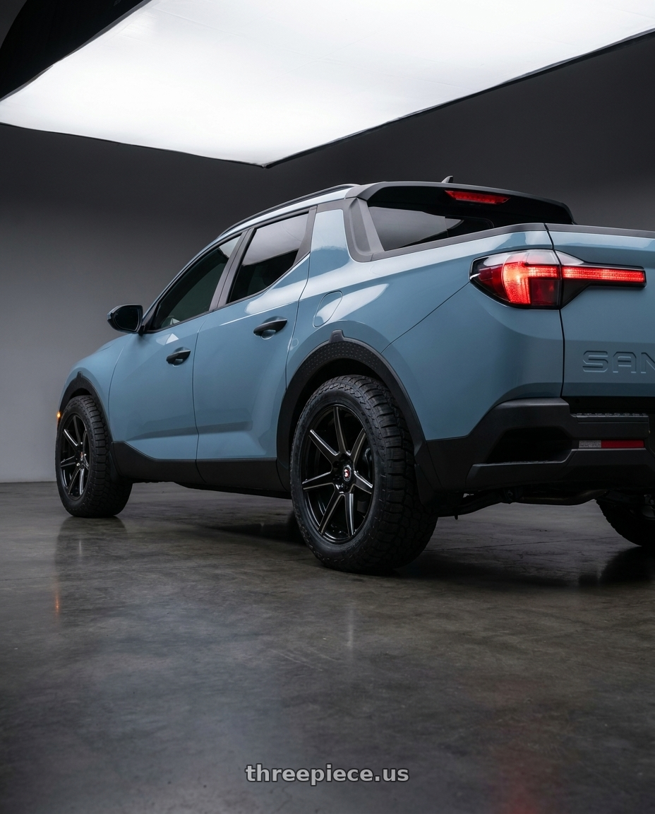 2026 Hyundai Santa Cruz SEL Activity  with Spec-1 SP-73 5x114.3/5x120 17x7.5 +42 Gloss Black Milled & Undercut wheels rear three quarter view meaty tires