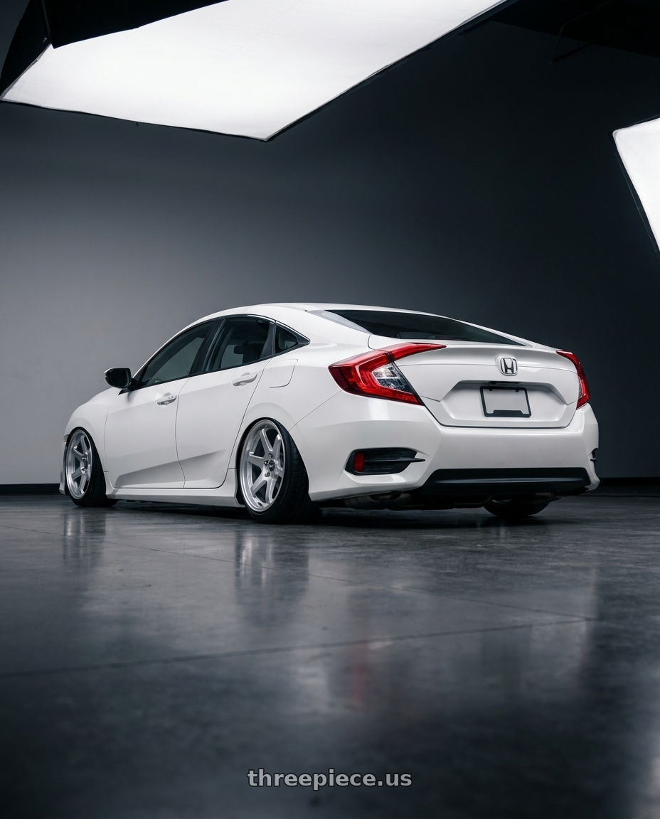 2019 Honda Civic with ESR Wheels APEX SERIES AP6 5x114.3 18x8.5 +30 Hyper Silver wheels rear three quarter view slight stretch tires