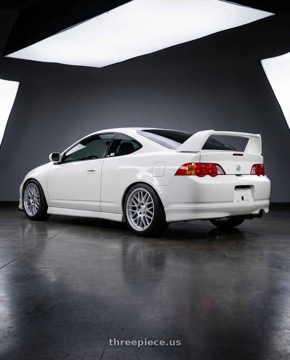 2003 Acura RSX with Motegi MR144 M9 5X114.3 17X8 +40 HYPER SILVER wheels rear three quarter view square tires