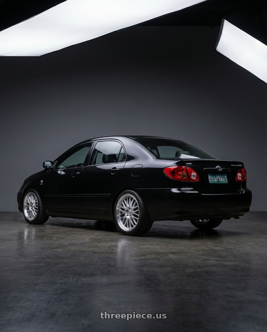 2006 Toyota Corolla Altis  with Petrol P4C 4X100 16X7 +40 SILVER W/ MACHINED FACE & LIP wheels rear three quarter view square tires