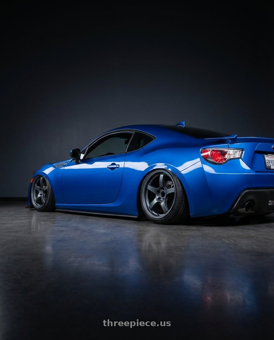 2017 Subaru BRZ with Gram Lights 57CR 5x100 18x9.5+38 Gunblue II wheels rear three quarter view slight stretch tires