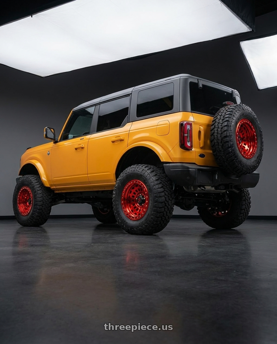 2024 Ford Bronco with Fuel 1PC D100 ZEPHYR BEADLOCK 6X139.7 17X9 -15 CANDY RED wheels rear three quarter view meaty tires