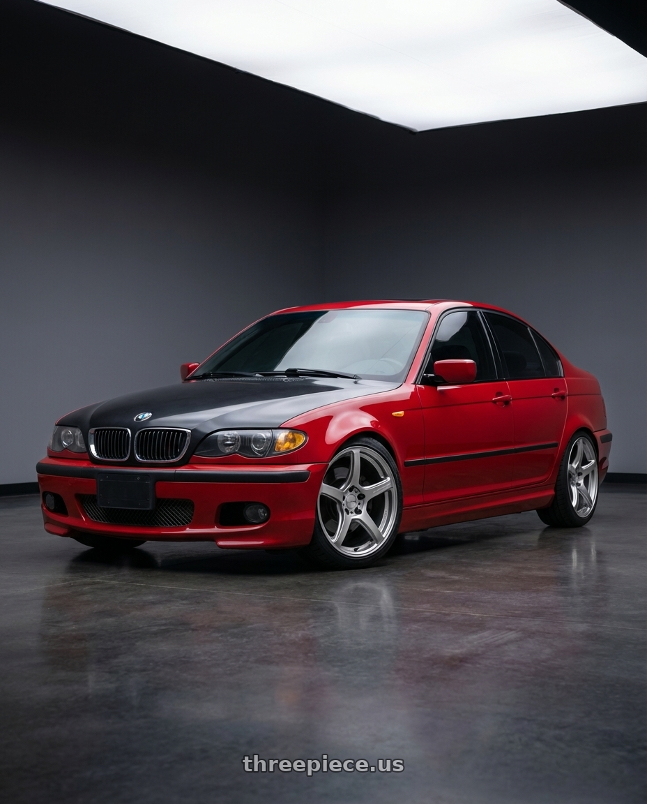 2004 BMW 330i ZHP with Work Emotion T5r 5x114.3 17x7 +53 Glow Silver wheels front three quarter view lowered stance