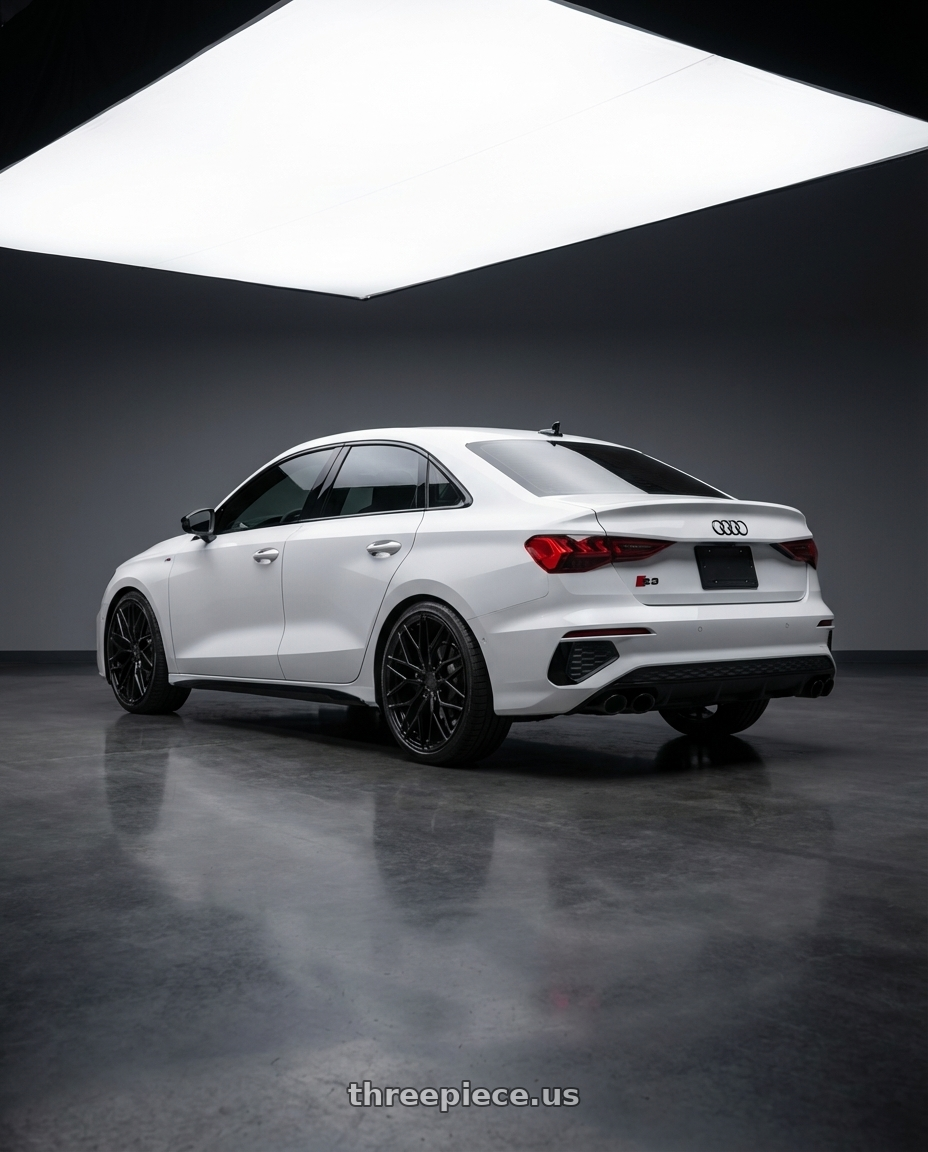 2024 Audi S3 8Y with Avant Garde Wheels M520R 5X112 19x9.5 +40 Gloss Black wheels rear three quarter view square tires