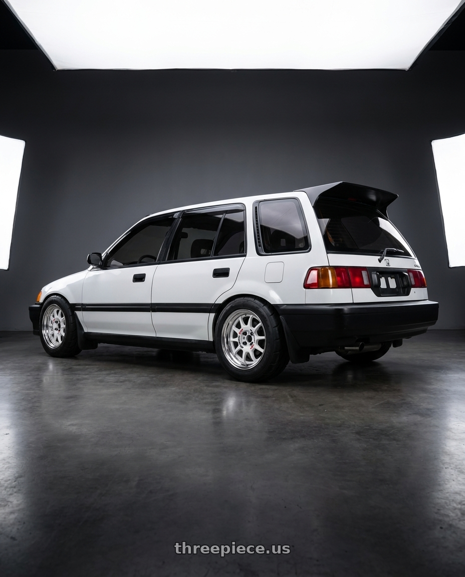 1991 Honda Civic with Work Emotion Rs11 2p 4x100 15x6.5 45 white wheels rear three quarter view meaty tires