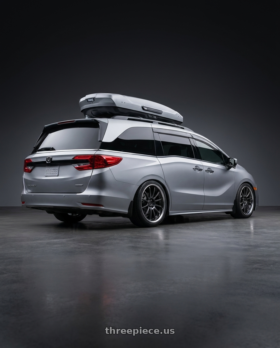 2024 Honda Odyssey with Ssr Reiner Type 12S 5x120 20X8.5 45 Super Low Disk Prism Dark Gunmetal wheels rear three quarter view square tires