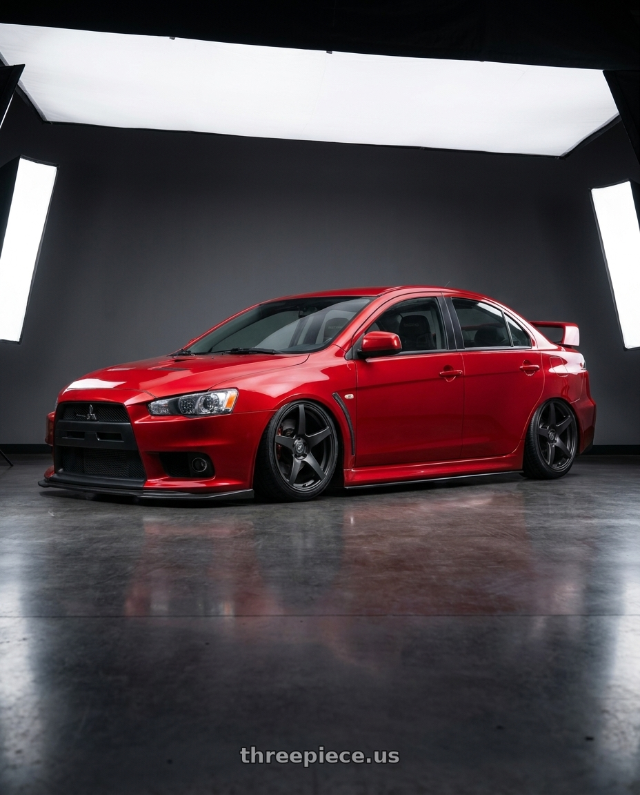 2012 Mitsubishi Lancer Evo X with Forgestar CF5 5x114.3 18x9 +35 Satin Black wheels rear three quarter view slight stretch tires