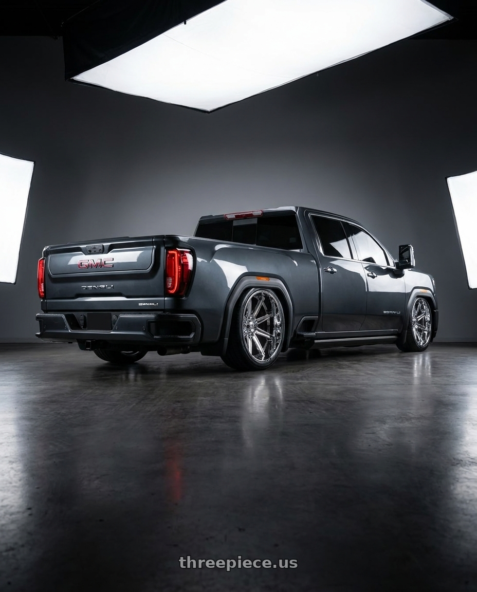 2020 Gmc seirra 2500 hd duramax denali with Axe ARTEMIS 8x180 22X12 -44 CHROME wheels rear three quarter view slight stretch tires