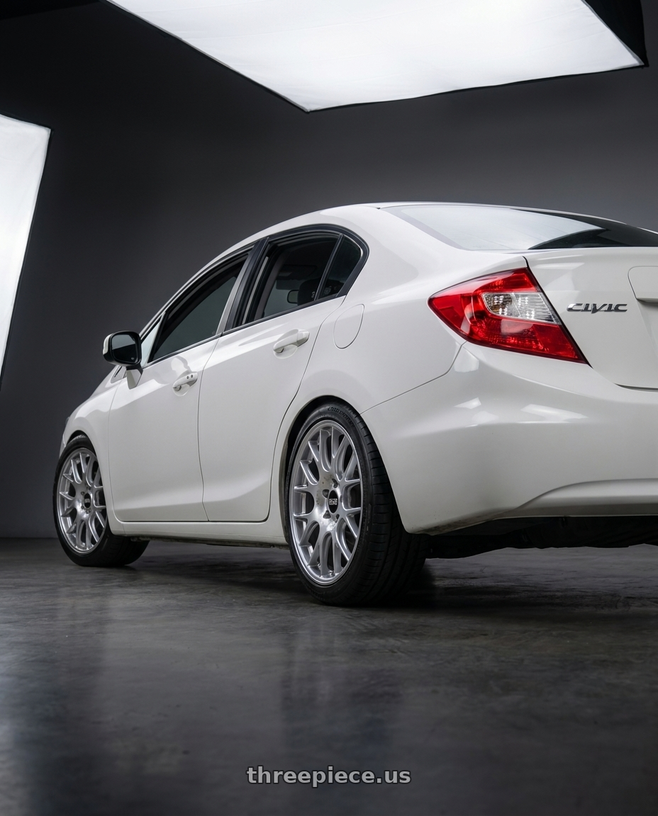 2012 Honda Civic with BBS CH-R 5x112 18x8.5 +38 Brilliant Silver Polished Rim Protector wheels rear three quarter view square tires