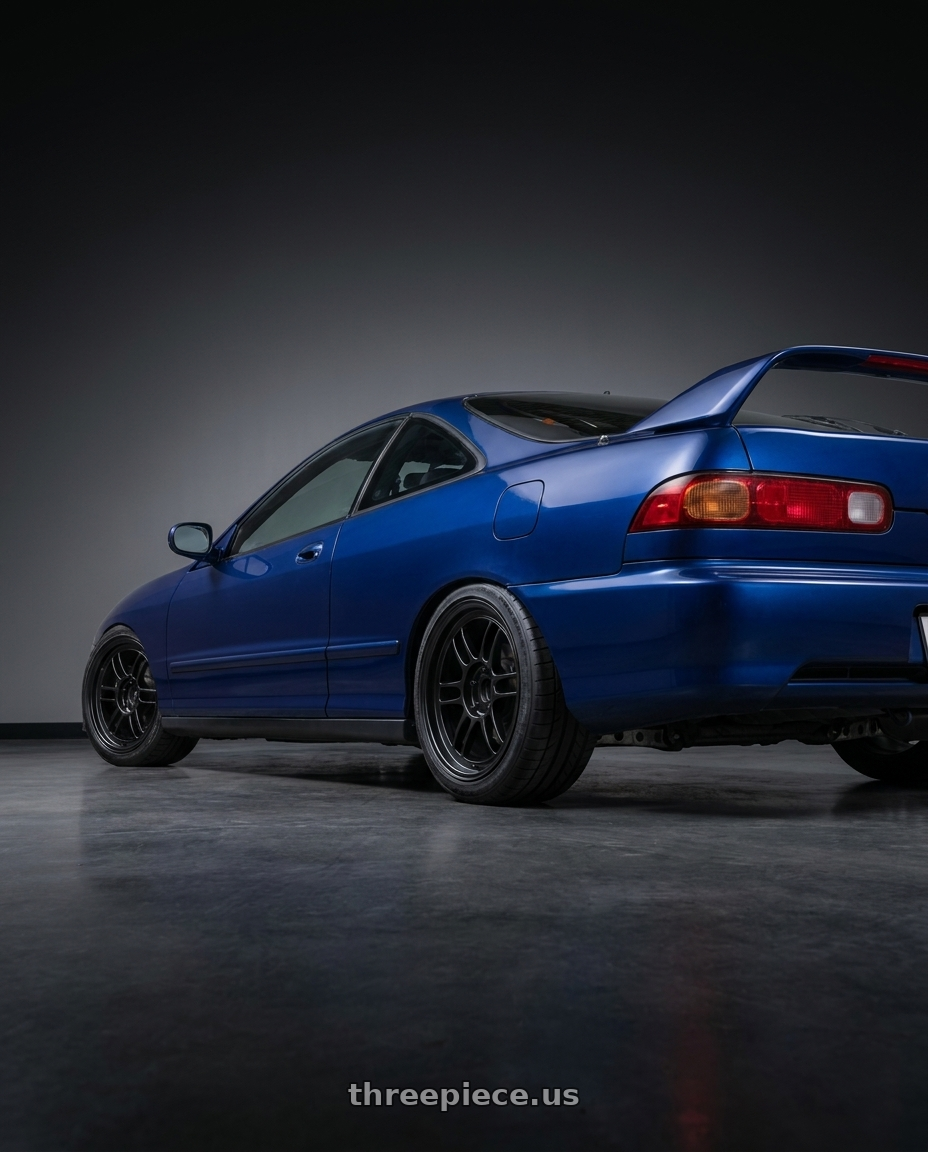 2001 Acura Integra with Enkei RPF1 4x100 15x8+28 Black wheels rear three quarter view square tires