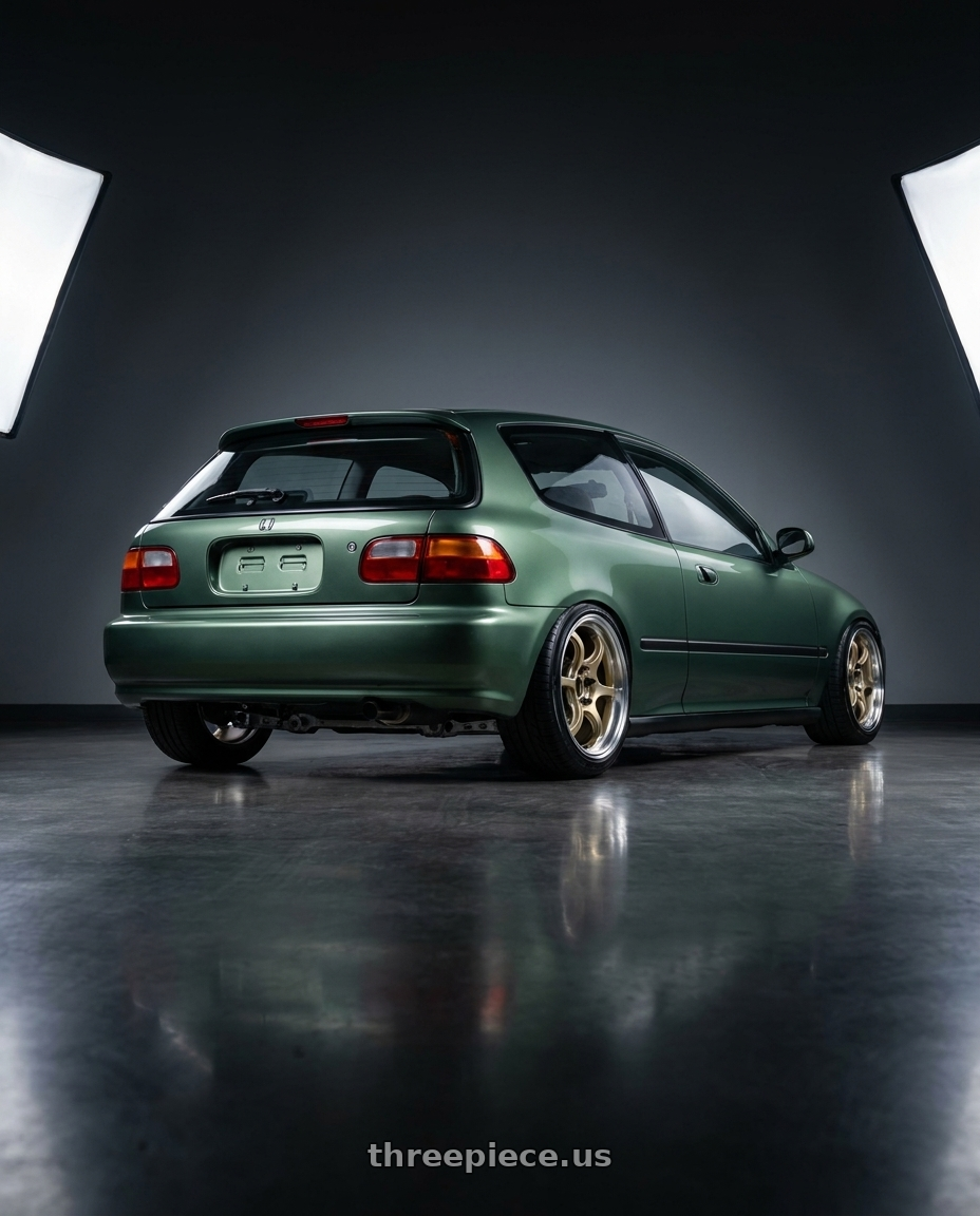 1995 honda civic dx hatchback nori green metalic with Advan Racing RG-D2 4x100 15x7.0 +42 MACHINING & CHAMPAGNE GOLD wheels rear three quarter view square tires