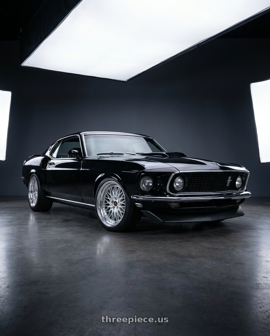 1969 Ford Mustang with Work Vs-Xv 5x114.3 18x10.5+13 R Disk Silky Rich Silver wheels