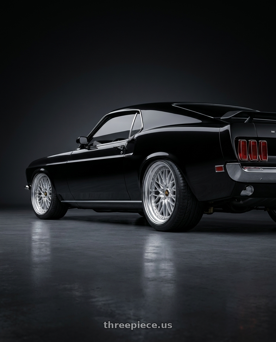 1969 Ford Mustang with Work Vs-Xv 5x114.3 18x10.5+13 R Disk Silky Rich Silver wheels rear three quarter view slight stretch tires