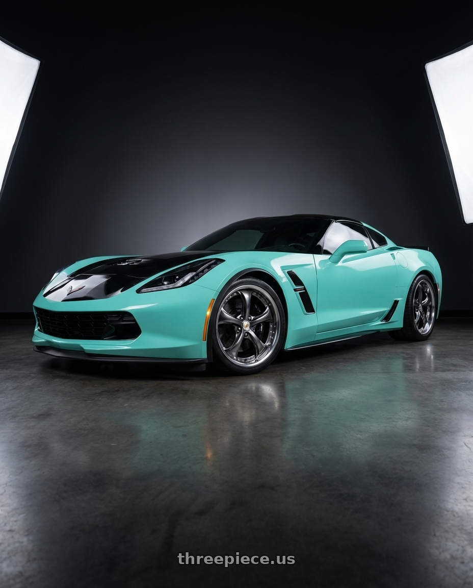 2017 Chevrolet Corvette Grandsport with Work Wheels VS-KF 5X114.3 19x7.5+34 Brilliant Silver Black A Disk FULL REVERSE wheels front three quarter view stock stance