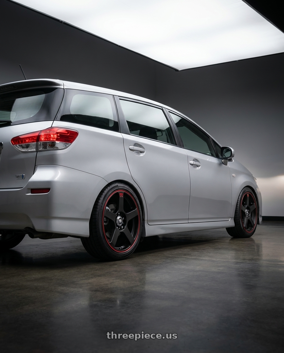 2009 Taiwan Toyota Wish with Motegi MR116 FS5 4X108/4X114.3 18X8 +45 MATTE BLACK RED RACING STRIPE wheels rear three quarter view square tires