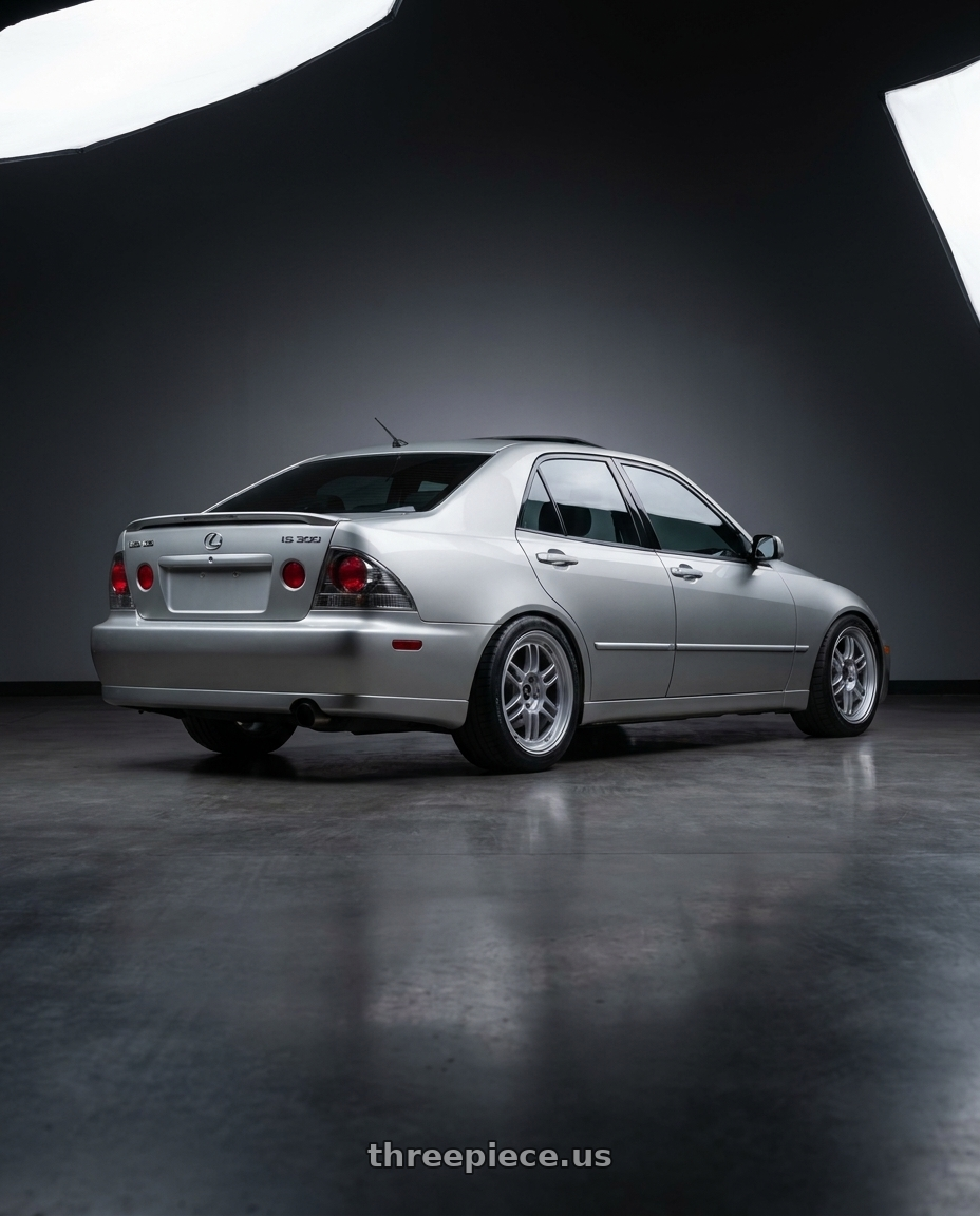 2002 Lexus is300 with Enkei RPF1 5x114.3 17x8+35 Silver wheels rear three quarter view square tires