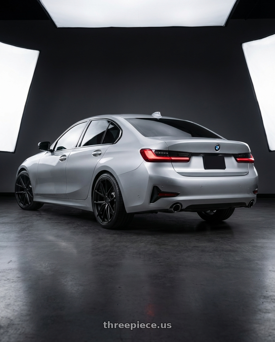 2023 BMW 3 Series G20 with Niche 1PC M117 MISANO 5X112 19X8.5 +34 MATTE BLACK wheels rear three quarter view square tires