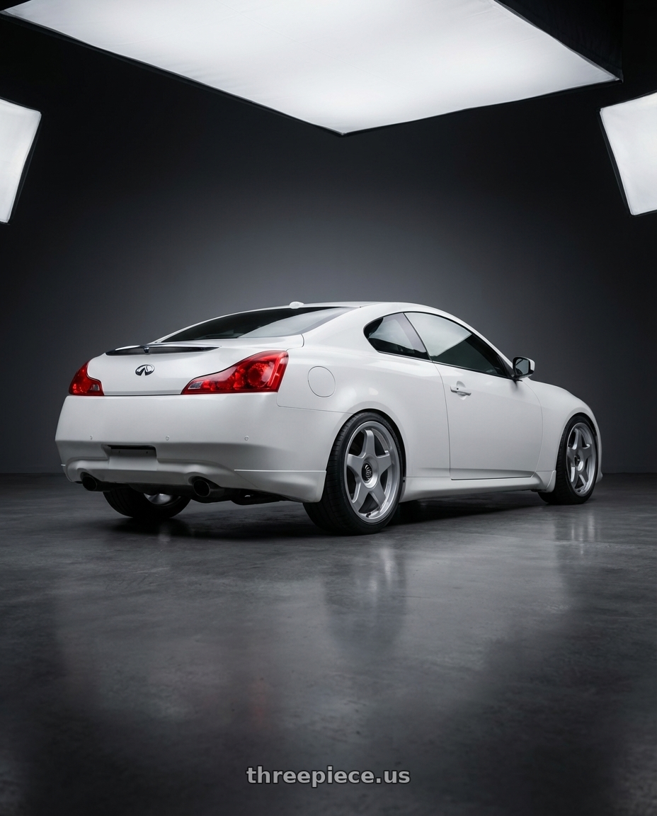 2014 Infiniti G37 Coupe with fifteen52 CHICANE 5x114.3 / 5x120 19x8.5 +35 SPEED SILVER (GLOSS SILVER) wheels rear three quarter view square tires