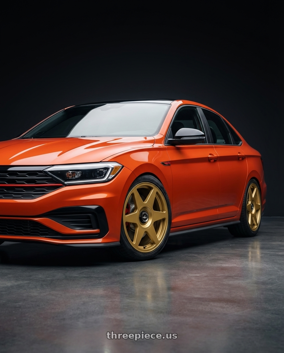 2023 Volkswagen Jetta GLI MK7 with fifteen52 TARMAC EVO 5x112 / 5x120 18x8.5 +35 GOLD (GLOSS GOLD) wheels front three quarter view lowered stance