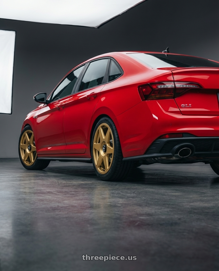 2023 Volkswagen Jetta GLI MK7 with fifteen52 TARMAC EVO 5x112 / 5x120 18x8.5 +35 GOLD (GLOSS GOLD) wheels rear three quarter view square tires