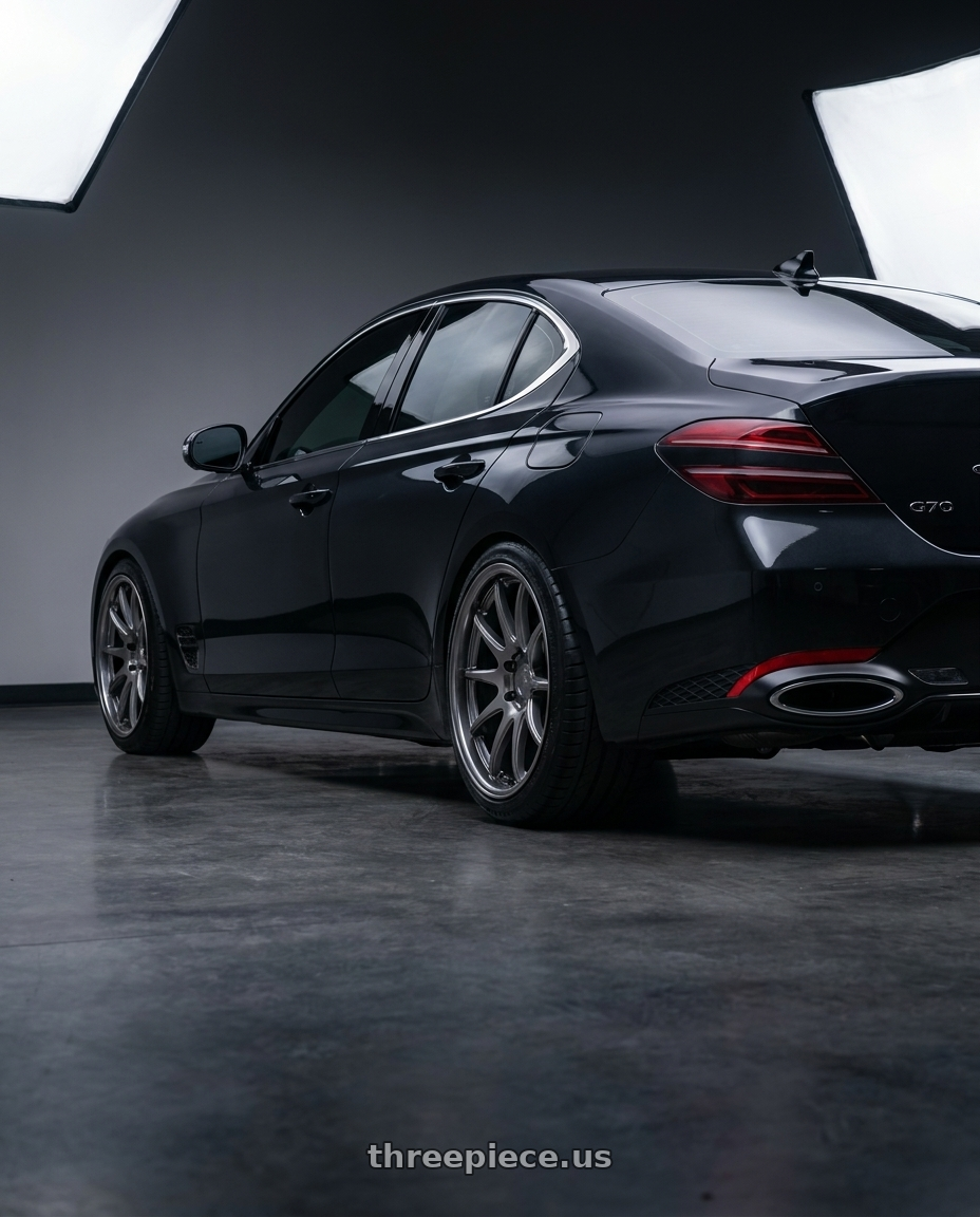 2023 Genesis G70 Victoria Black with Aodhan DS02 5x114.3 19x8.5+35 Hyper Black wheels rear three quarter view meaty tires