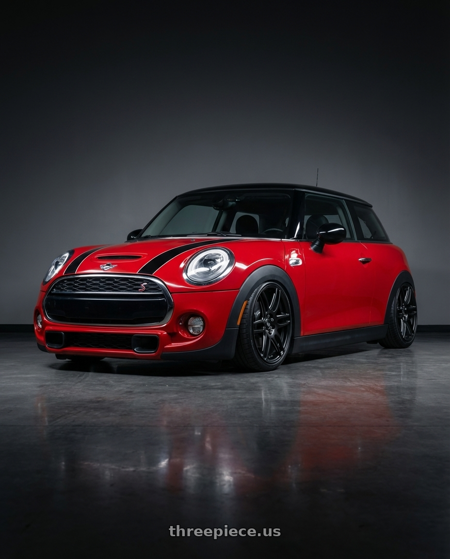 2019 Mini Cooper S F56 with Niche 1PC M106 NR6 4X100/4X114.3 18X8 +40 MATTE BLACK MILLED wheels front three quarter view stanced stance