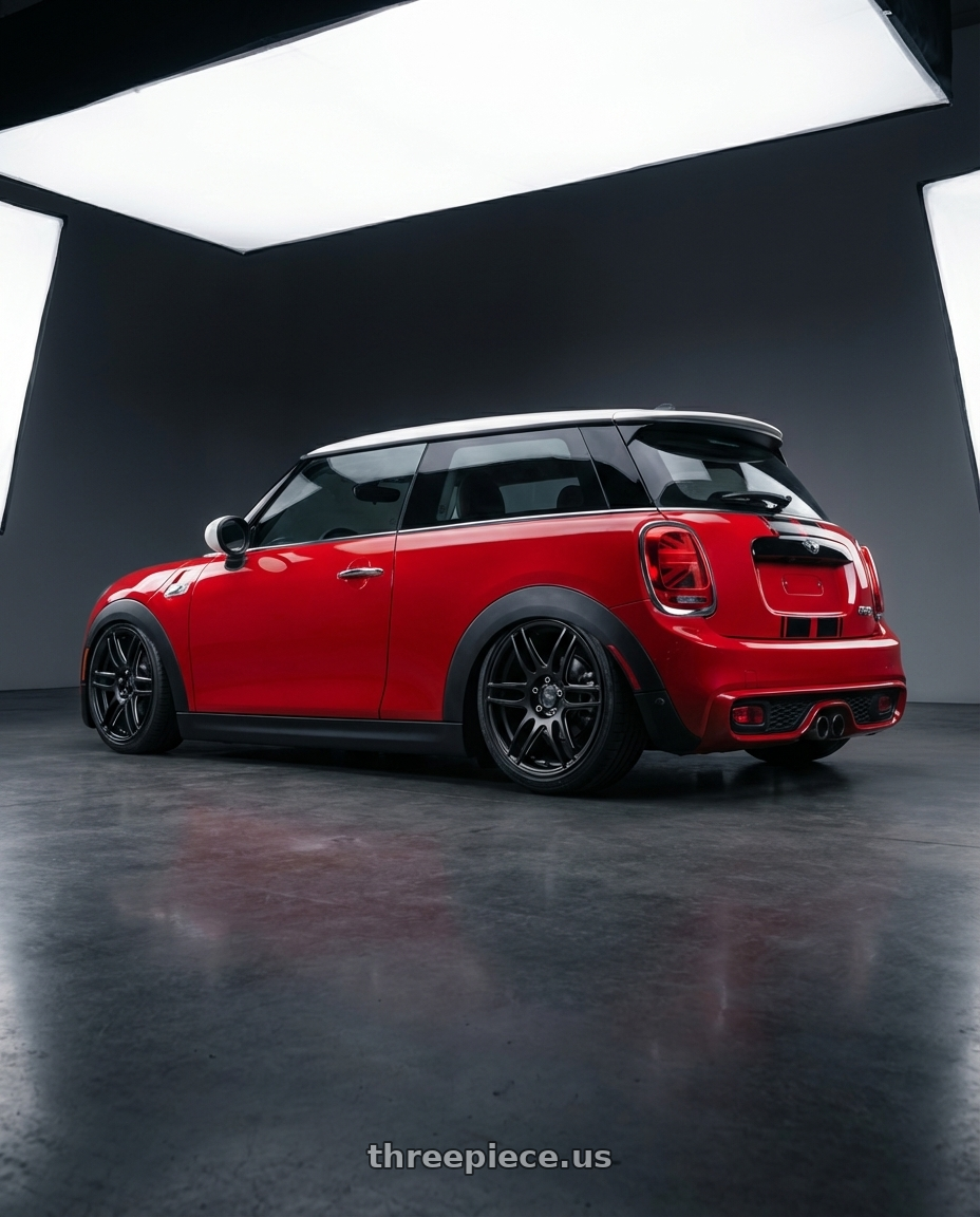 2019 Mini Cooper S F56 with Niche 1PC M106 NR6 4X100/4X114.3 18X8 +40 MATTE BLACK MILLED wheels rear three quarter view slight stretch tires
