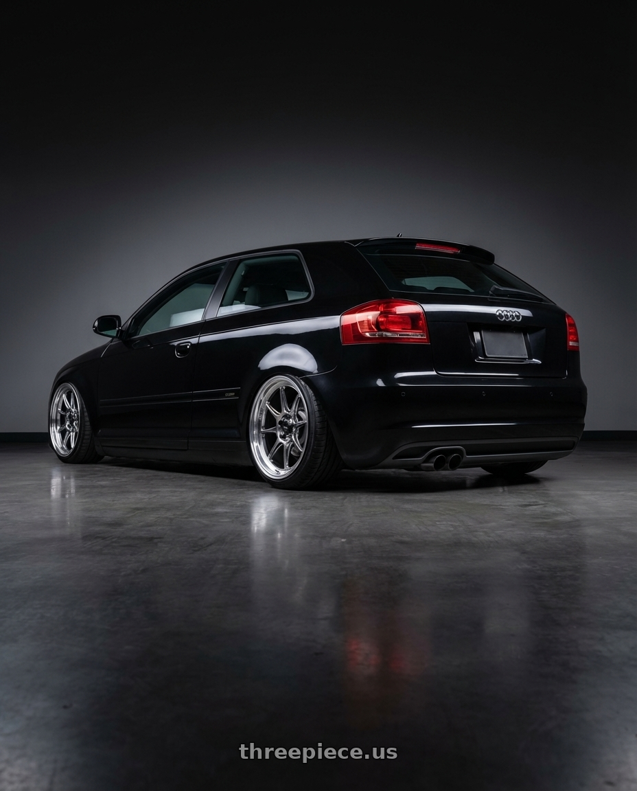 2012 Audi A3 8P with Konig Countergram 5x112 19x11+40 Hyper Chrome / Machined Lip wheels rear three quarter view slight stretch tires